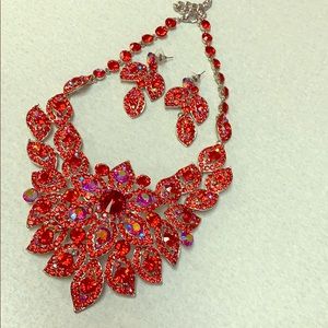 Red costume rhinestone necklace, earring and bracelet set